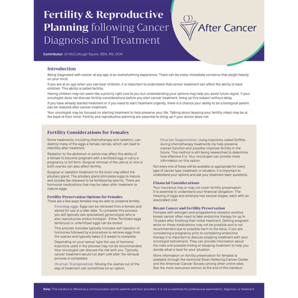 Fertility & Reproductive Planning Following Cancer Diagnosis and Treatment